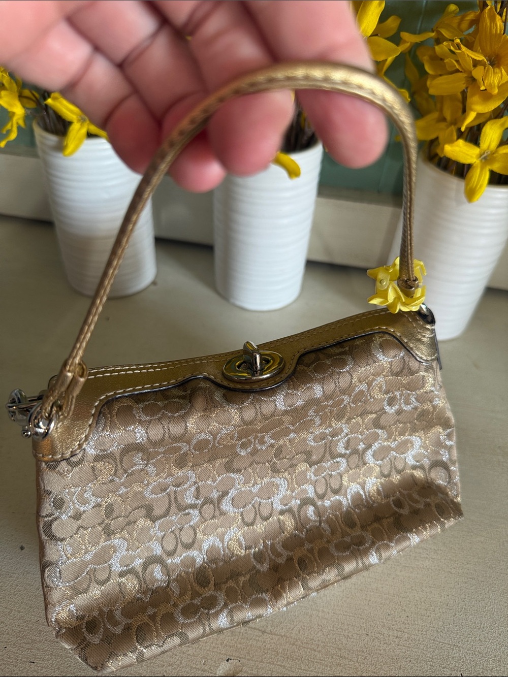 Coach y2k Gold Signature Jacquard Shoulder Bag with Floral Charm - Picture 8 of 14